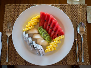 High angle view of breakfast served on table
