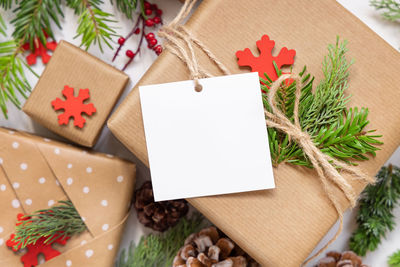 High angle view of christmas decoration on table