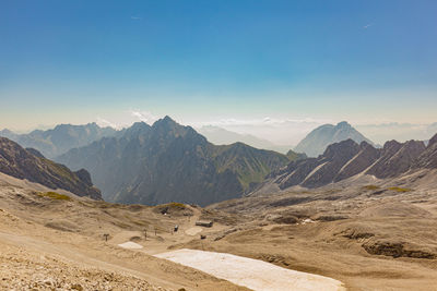 Scenic view of mountains against clear blue sky