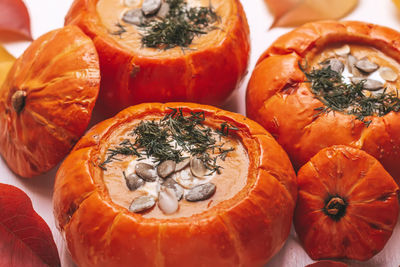 High angle view of various pumpkins