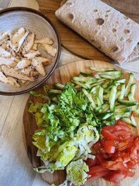 High angle view of chopped vegetables on table