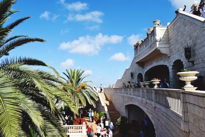 People on palm tree by building against sky