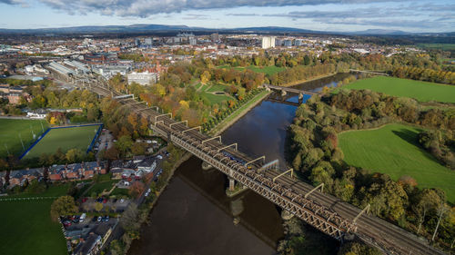 High angle view of bridge and residential district 