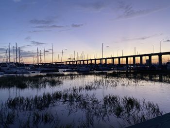 Bridge over river against sky during sunset