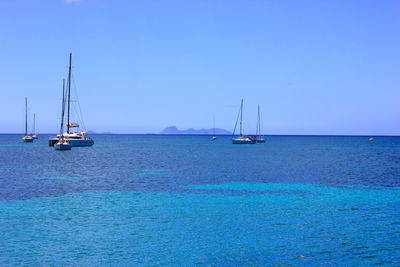 Sailboat sailing on sea against blue sky