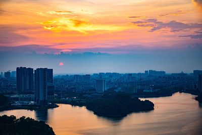 City skyline at sunset