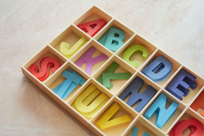 High angle view of toys on table