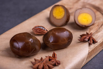 Close-up of chestnuts on table