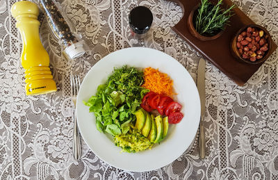 High angle view of breakfast served on table