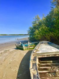 Boat moored on beach against clear sky