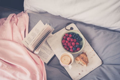 High angle view of breakfast on table