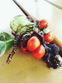 High angle view of fruits in plate on table