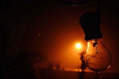 Close-up of illuminated light bulb at night