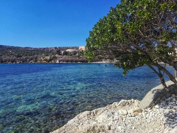 Scenic view of sea against clear blue sky