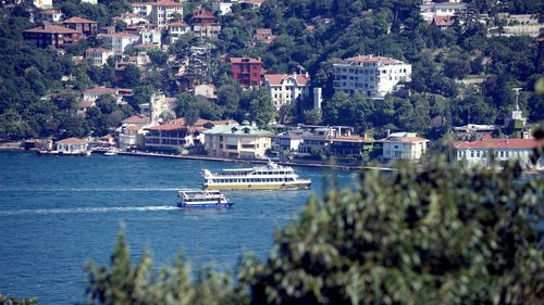 High angle view of town with buildings in background