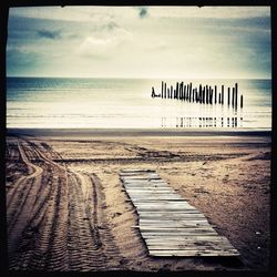 Wooden posts on beach