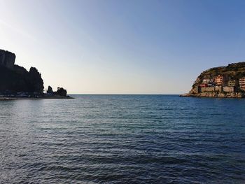 Scenic view of sea against clear blue sky