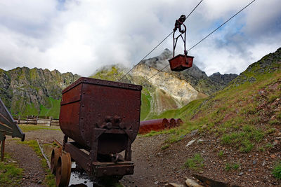 Train on railroad track against sky