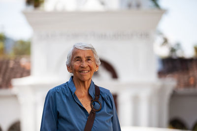 Senior woman tourist at the heritage town of salamina in the department of caldas in colombia