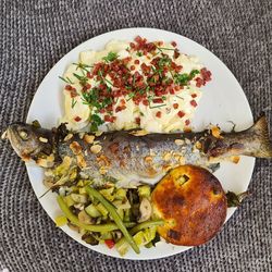 High angle view of food in plate on table