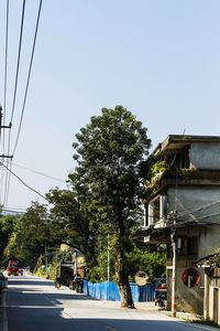 Trees by building against clear sky