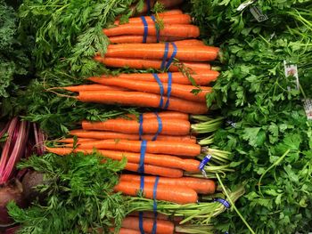 Directly above shot of carrots for sale at market