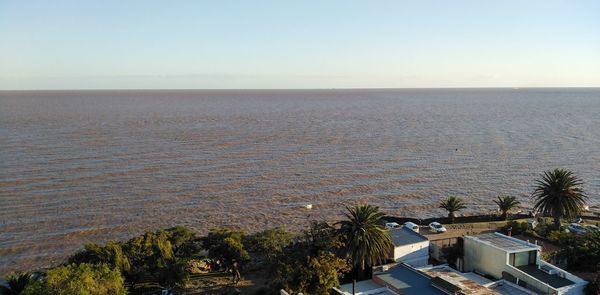 High angle view of sea against clear sky