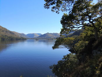 Scenic view of lake against clear blue sky