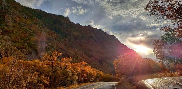 Scenic view of mountains against sky during autumn
