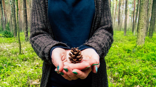 Midsection of man holding tree trunk in forest