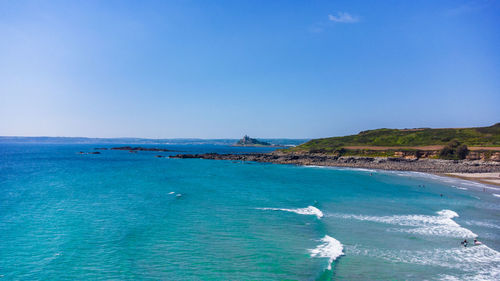 Scenic view of sea against clear blue sky