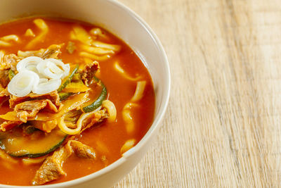 High angle view of soup in bowl on table