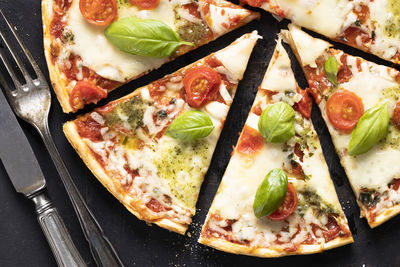 High angle view of pizza on table