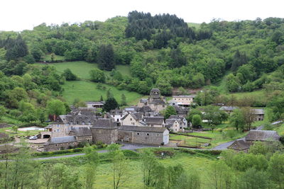 High angle view of houses on field