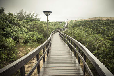 Footbridge amidst trees against sky