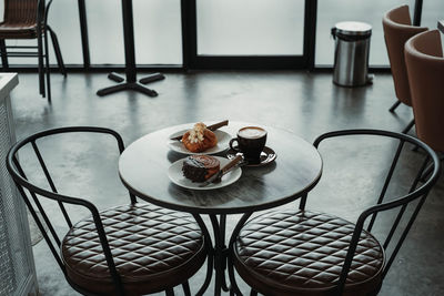 High angle view of breakfast on table