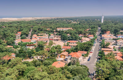 High angle view of townscape against clear sky