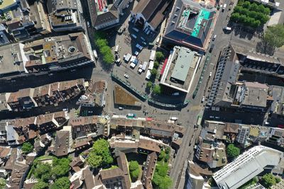 High angle view of buildings in city