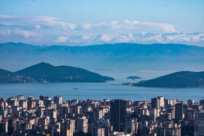 Aerial view of city by sea against sky