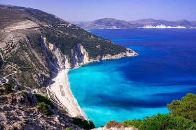 High angle view of bay against clear sky