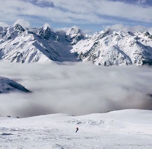 Scenic view of snow covered mountains against sky