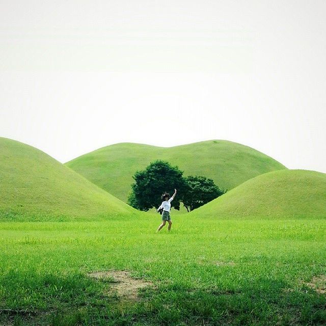 grass, landscape, green color, field, grassy, full length, men, copy space, leisure activity, clear sky, tranquility, tranquil scene, lifestyles, mountain, domestic animals, scenics, nature, beauty in nature