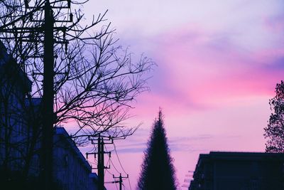 Low angle view of bare trees against sky at sunset
