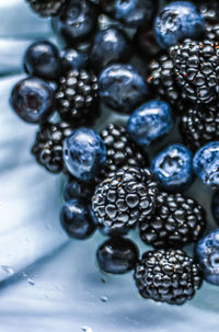 High angle view of blueberries on table