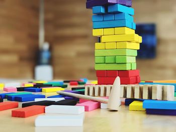 Close-up of colorful toy blocks on table