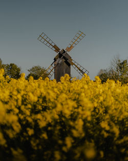 Traditional windmill on field against sky