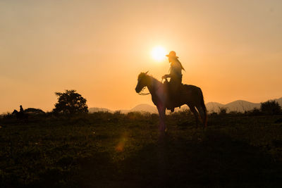 Horse riding horses on field against sky during sunset