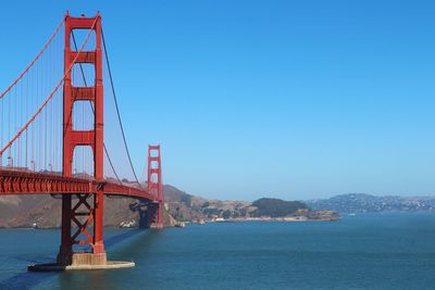 View of suspension bridge over sea