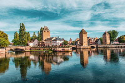 The three bridges of the ponts couverts in strasbourg, france.