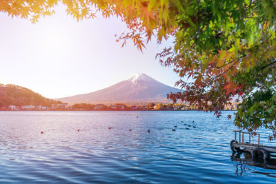 Scenic view of lake with mountain in background